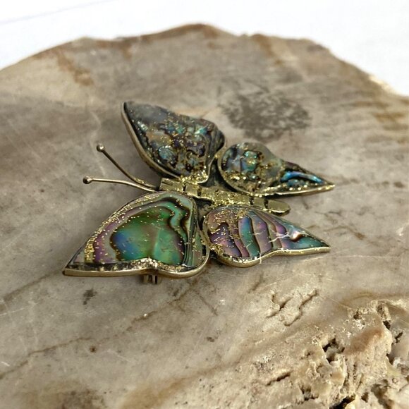 Alpaca Silver Mexico 1.5" Abalone Shell Glitter Butterfly Brooch - Picture 6 of 15